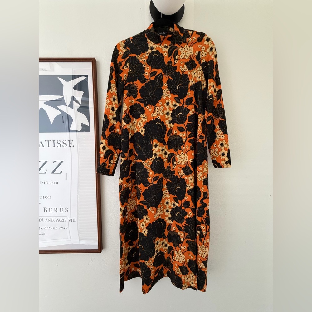 Monki retro 70s inspired print midi mock neck long sleeve dress